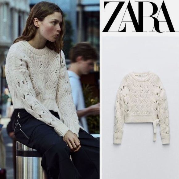 ZARA Cable Knit Tie Sweater Chunky Preppy Cream Ivory Size M Casual Bow Soft - Picture 1 of 13